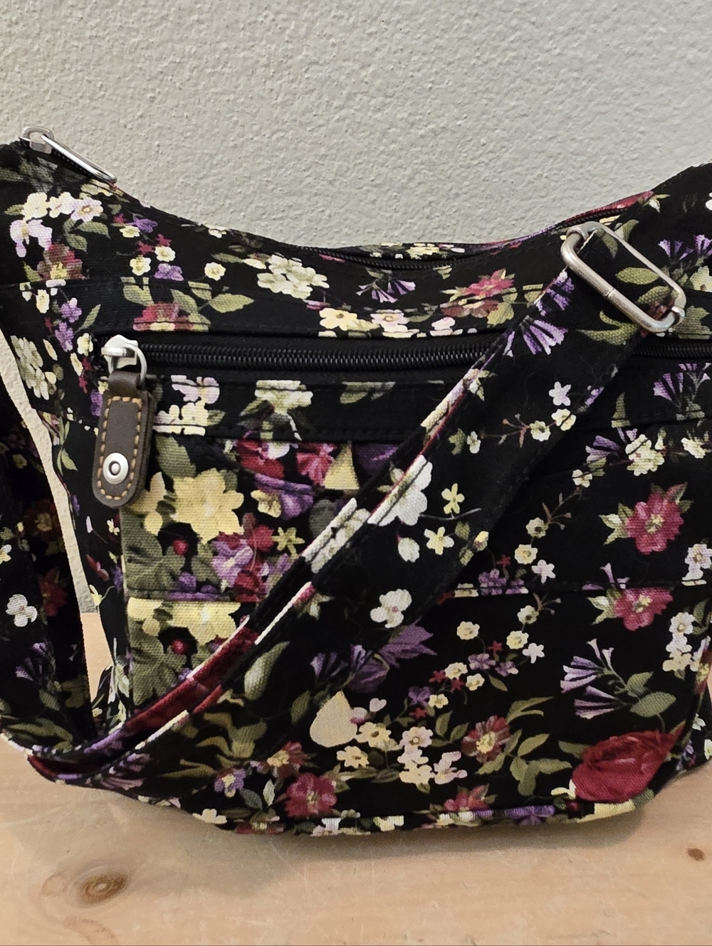 Black Floral Crossbody Canvas Shoulder Bag Purse Tote